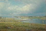 Mackerel Cove, Jamestown, Rhode Island, oil on canvas painting by William Trost Richards, laid down on masonite